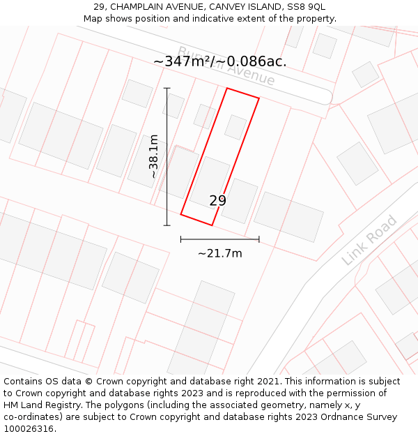 29, CHAMPLAIN AVENUE, CANVEY ISLAND, SS8 9QL: Plot and title map