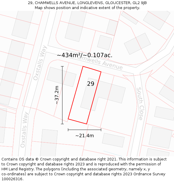 29, CHAMWELLS AVENUE, LONGLEVENS, GLOUCESTER, GL2 9JB: Plot and title map