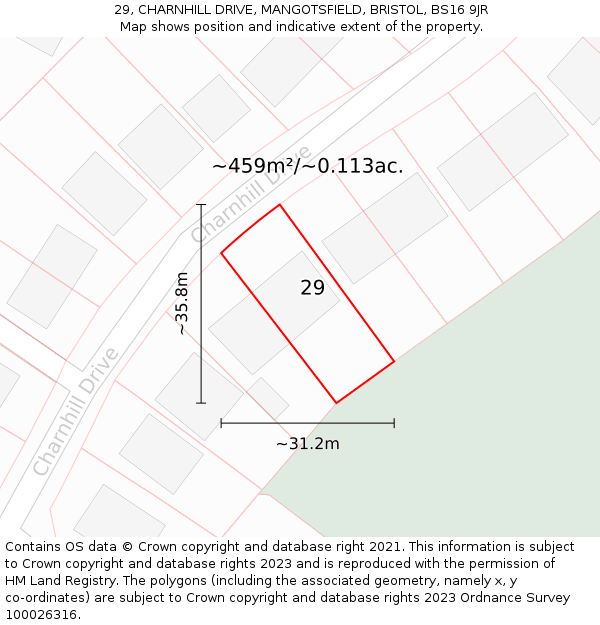 29, CHARNHILL DRIVE, MANGOTSFIELD, BRISTOL, BS16 9JR: Plot and title map