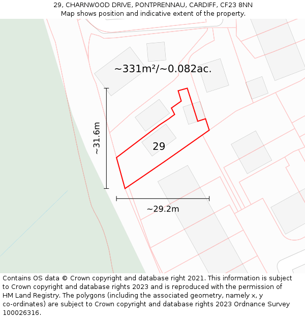 29, CHARNWOOD DRIVE, PONTPRENNAU, CARDIFF, CF23 8NN: Plot and title map