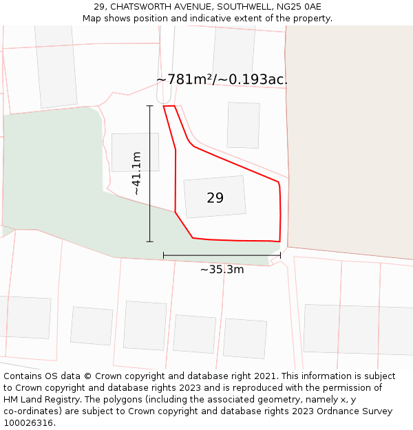29, CHATSWORTH AVENUE, SOUTHWELL, NG25 0AE: Plot and title map