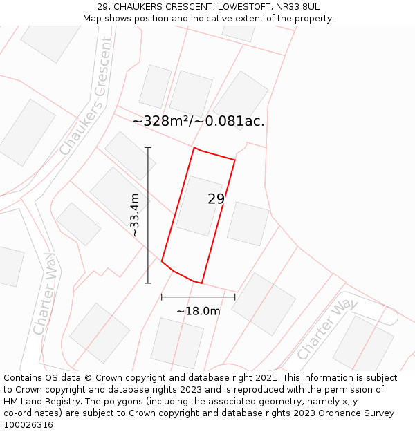 29, CHAUKERS CRESCENT, LOWESTOFT, NR33 8UL: Plot and title map
