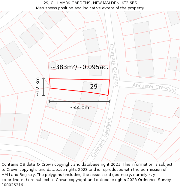 29, CHILMARK GARDENS, NEW MALDEN, KT3 6RS: Plot and title map
