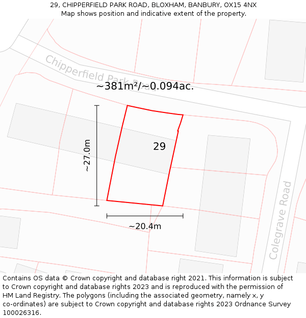 29, CHIPPERFIELD PARK ROAD, BLOXHAM, BANBURY, OX15 4NX: Plot and title map