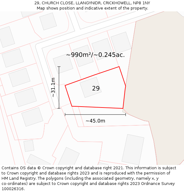 29, CHURCH CLOSE, LLANGYNIDR, CRICKHOWELL, NP8 1NY: Plot and title map