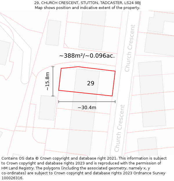 29, CHURCH CRESCENT, STUTTON, TADCASTER, LS24 9BJ: Plot and title map