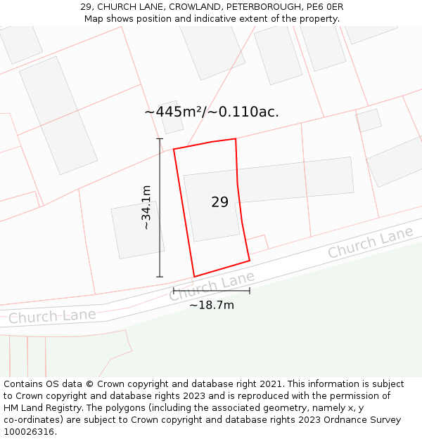 29, CHURCH LANE, CROWLAND, PETERBOROUGH, PE6 0ER: Plot and title map