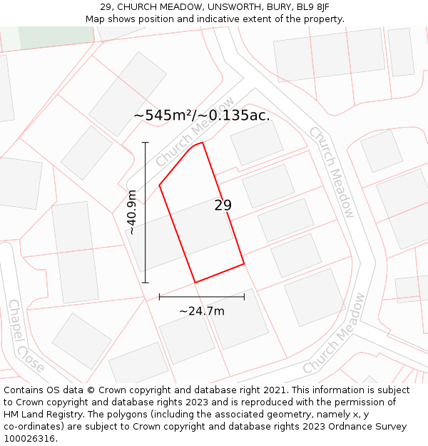 29, CHURCH MEADOW, UNSWORTH, BURY, BL9 8JF: Plot and title map