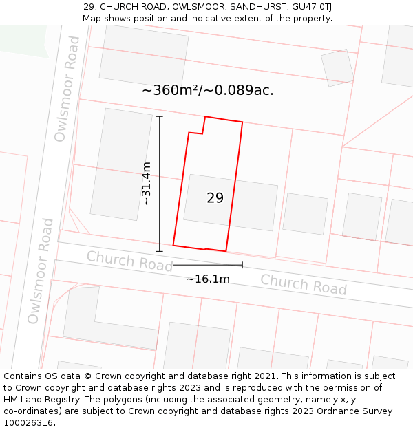 29, CHURCH ROAD, OWLSMOOR, SANDHURST, GU47 0TJ: Plot and title map