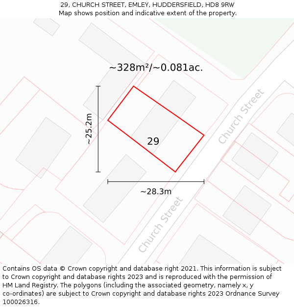 29, CHURCH STREET, EMLEY, HUDDERSFIELD, HD8 9RW: Plot and title map