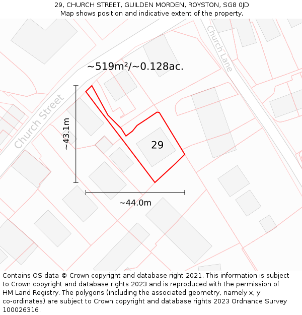 29, CHURCH STREET, GUILDEN MORDEN, ROYSTON, SG8 0JD: Plot and title map