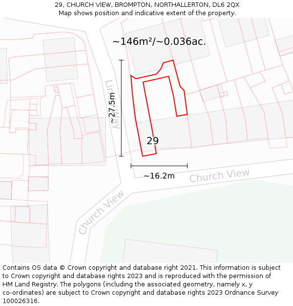 29, CHURCH VIEW, BROMPTON, NORTHALLERTON, DL6 2QX: Plot and title map
