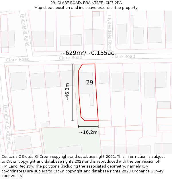 29, CLARE ROAD, BRAINTREE, CM7 2PA: Plot and title map