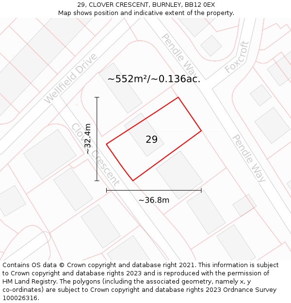 29, CLOVER CRESCENT, BURNLEY, BB12 0EX: Plot and title map