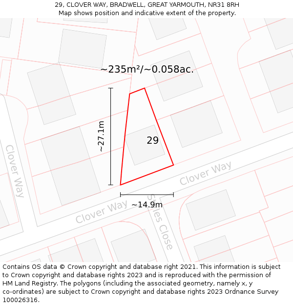 29, CLOVER WAY, BRADWELL, GREAT YARMOUTH, NR31 8RH: Plot and title map