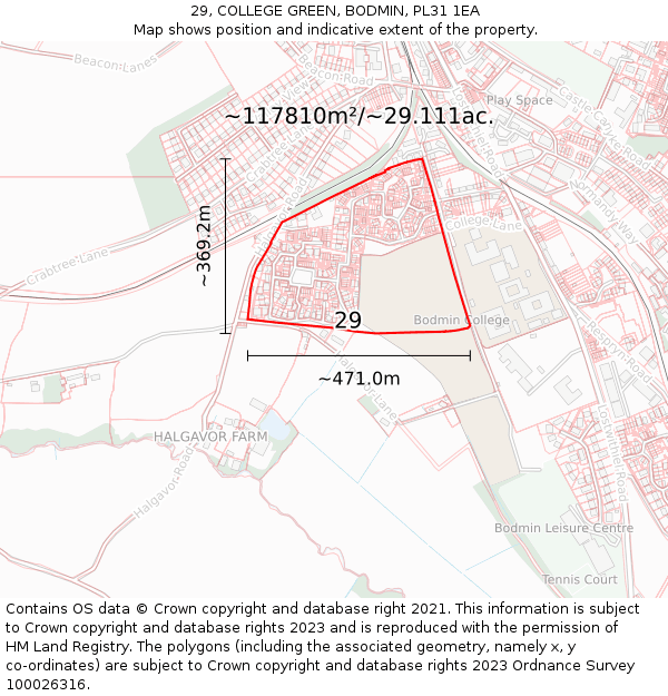 29, COLLEGE GREEN, BODMIN, PL31 1EA: Plot and title map