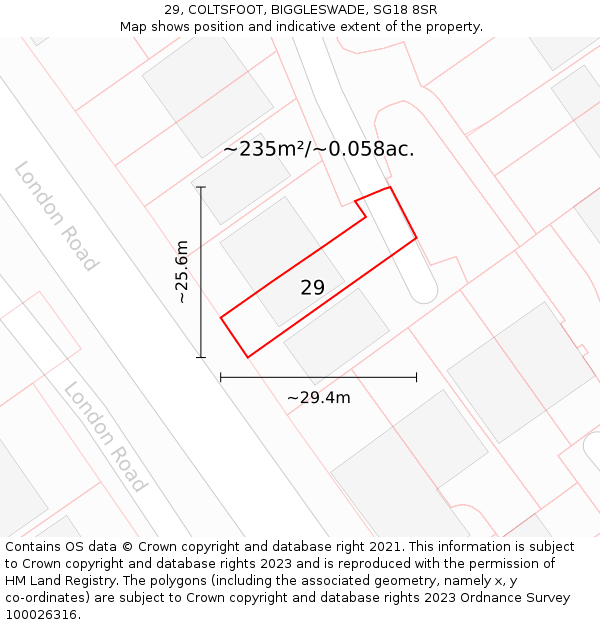 29, COLTSFOOT, BIGGLESWADE, SG18 8SR: Plot and title map