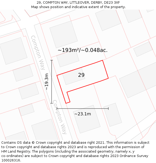 29, COMPTON WAY, LITTLEOVER, DERBY, DE23 3XF: Plot and title map