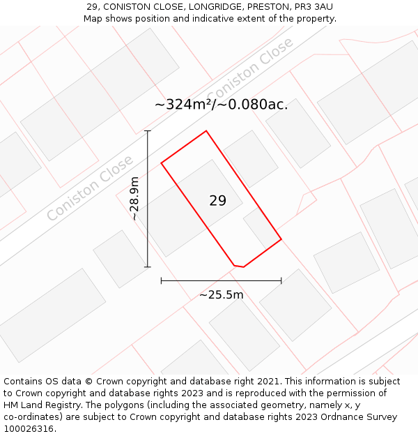 29, CONISTON CLOSE, LONGRIDGE, PRESTON, PR3 3AU: Plot and title map