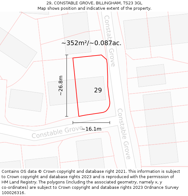29, CONSTABLE GROVE, BILLINGHAM, TS23 3GL: Plot and title map