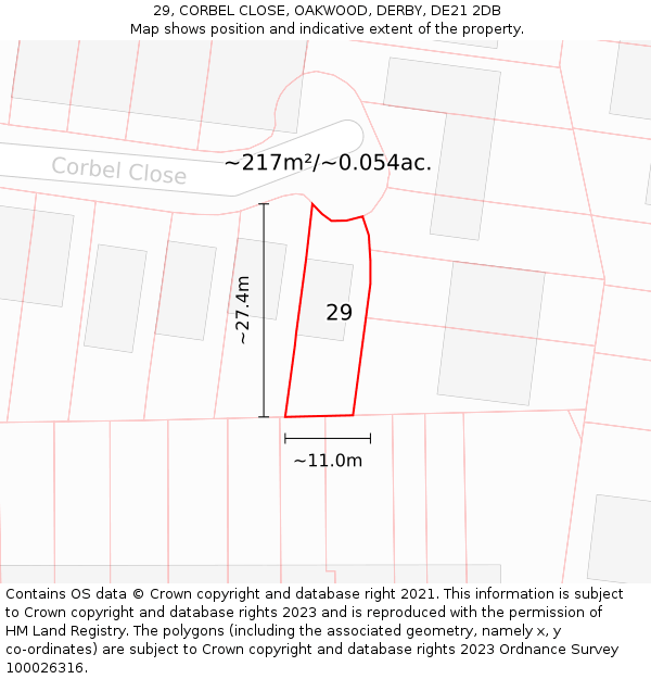 29, CORBEL CLOSE, OAKWOOD, DERBY, DE21 2DB: Plot and title map
