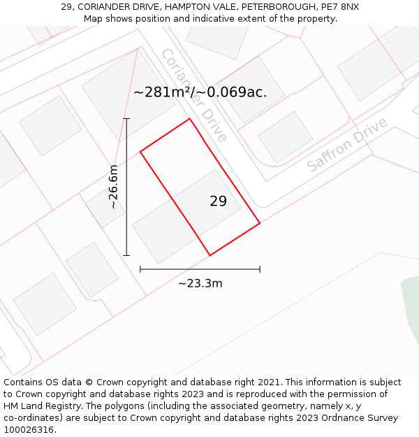 29, CORIANDER DRIVE, HAMPTON VALE, PETERBOROUGH, PE7 8NX: Plot and title map