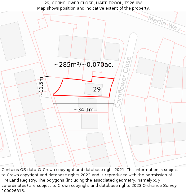 29, CORNFLOWER CLOSE, HARTLEPOOL, TS26 0WJ: Plot and title map