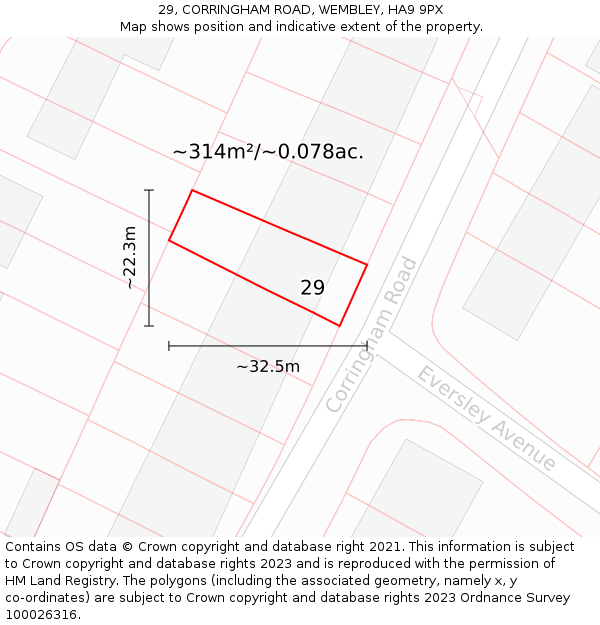 29, CORRINGHAM ROAD, WEMBLEY, HA9 9PX: Plot and title map
