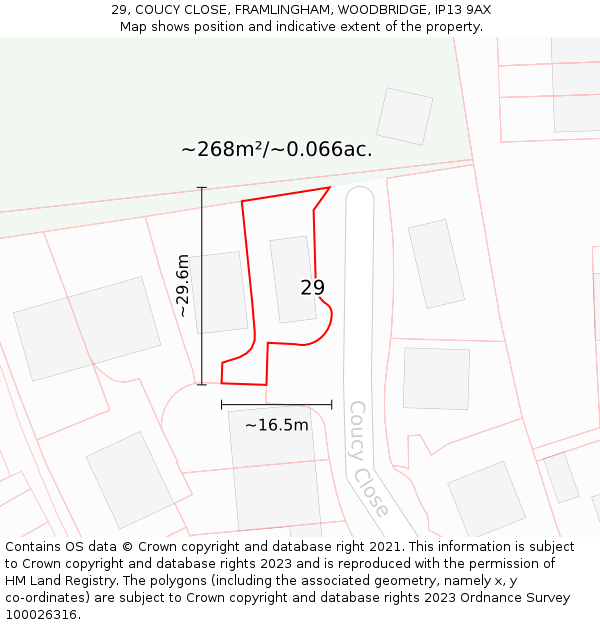 29, COUCY CLOSE, FRAMLINGHAM, WOODBRIDGE, IP13 9AX: Plot and title map