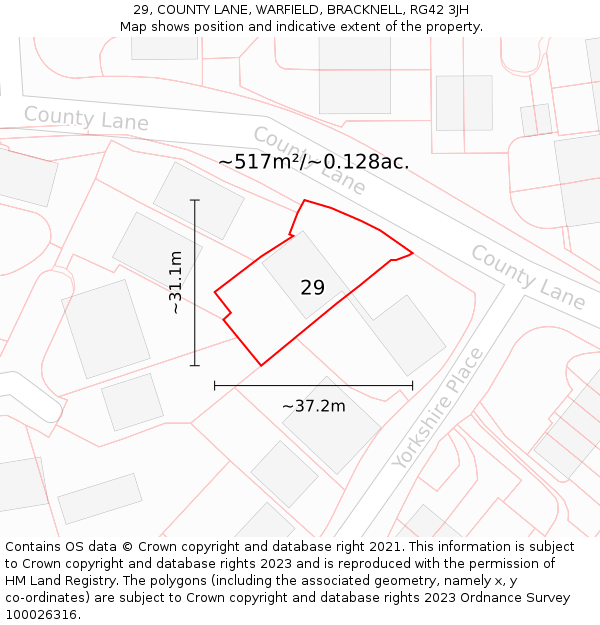 29, COUNTY LANE, WARFIELD, BRACKNELL, RG42 3JH: Plot and title map