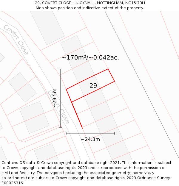 29, COVERT CLOSE, HUCKNALL, NOTTINGHAM, NG15 7RH: Plot and title map