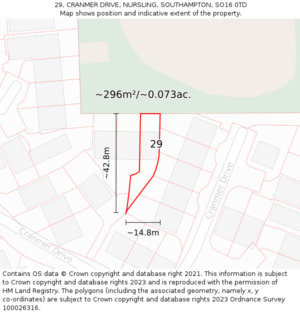 29, CRANMER DRIVE, NURSLING, SOUTHAMPTON, SO16 0TD: Plot and title map