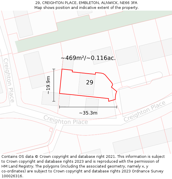 29, CREIGHTON PLACE, EMBLETON, ALNWICK, NE66 3FA: Plot and title map