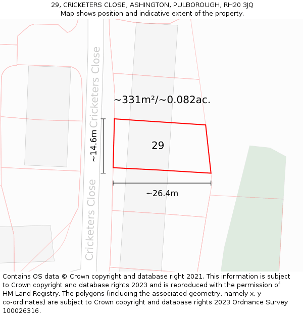 29, CRICKETERS CLOSE, ASHINGTON, PULBOROUGH, RH20 3JQ: Plot and title map