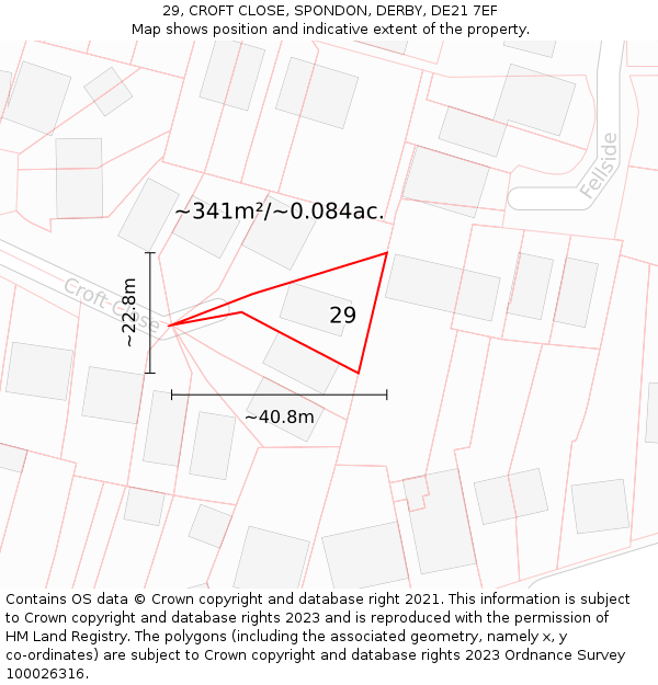 29, CROFT CLOSE, SPONDON, DERBY, DE21 7EF: Plot and title map