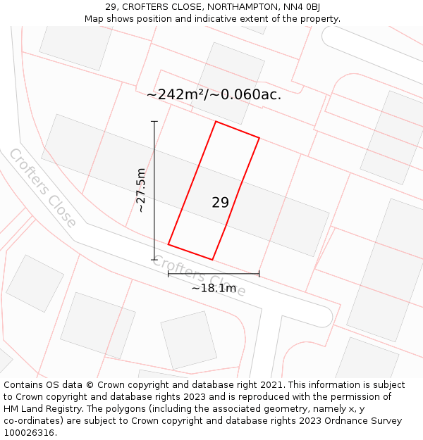 29, CROFTERS CLOSE, NORTHAMPTON, NN4 0BJ: Plot and title map