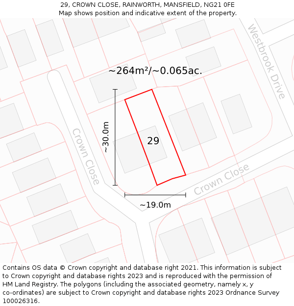 29, CROWN CLOSE, RAINWORTH, MANSFIELD, NG21 0FE: Plot and title map
