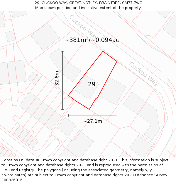 29, CUCKOO WAY, GREAT NOTLEY, BRAINTREE, CM77 7WG: Plot and title map