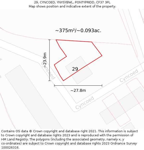 29, CYNCOED, YNYSYBWL, PONTYPRIDD, CF37 3PL: Plot and title map
