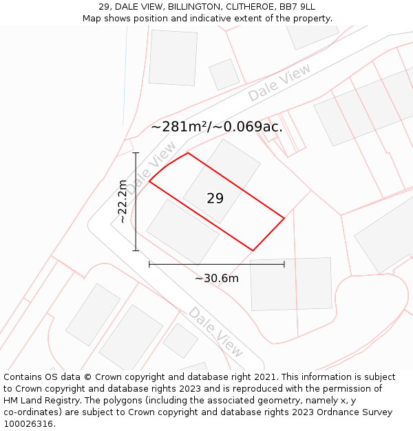 29, DALE VIEW, BILLINGTON, CLITHEROE, BB7 9LL: Plot and title map