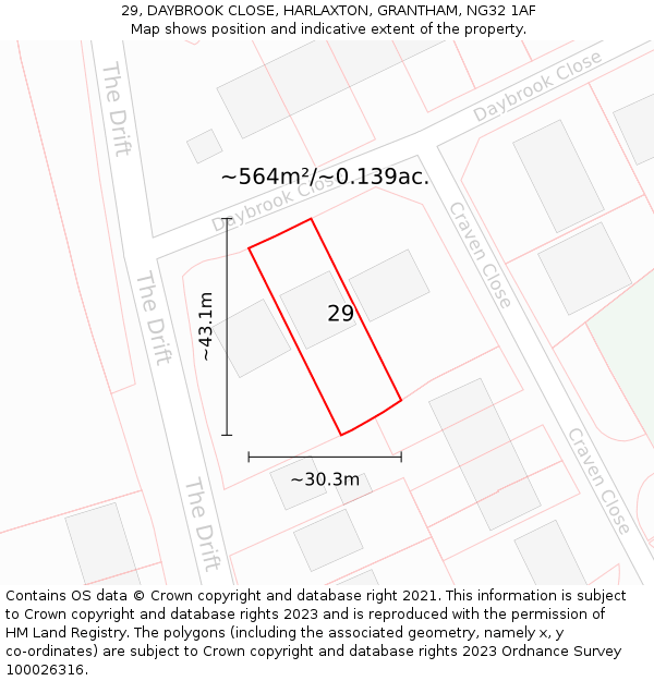 29, DAYBROOK CLOSE, HARLAXTON, GRANTHAM, NG32 1AF: Plot and title map