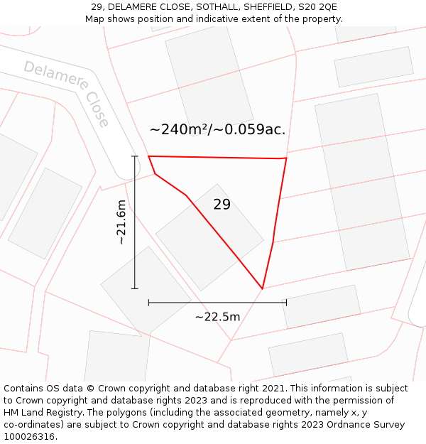 29, DELAMERE CLOSE, SOTHALL, SHEFFIELD, S20 2QE: Plot and title map
