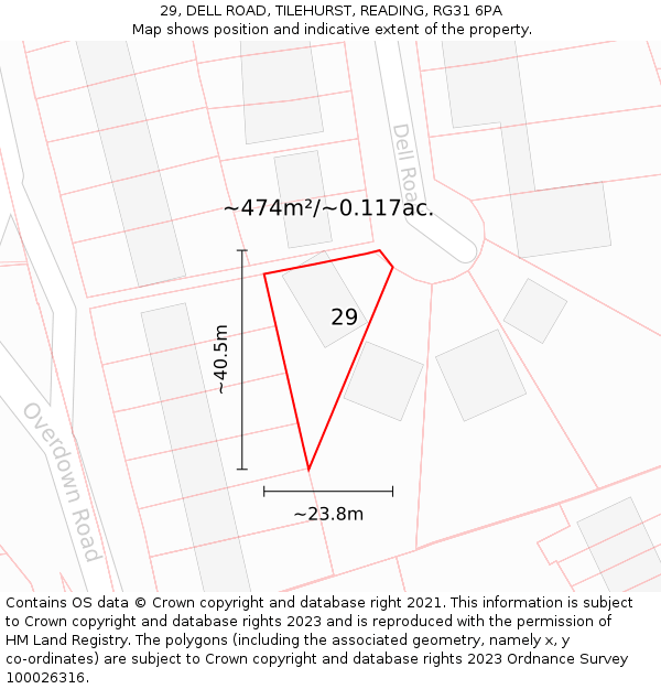 29, DELL ROAD, TILEHURST, READING, RG31 6PA: Plot and title map