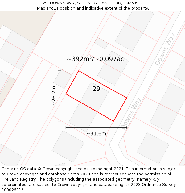 29, DOWNS WAY, SELLINDGE, ASHFORD, TN25 6EZ: Plot and title map