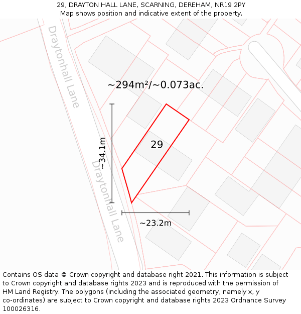 29, DRAYTON HALL LANE, SCARNING, DEREHAM, NR19 2PY: Plot and title map