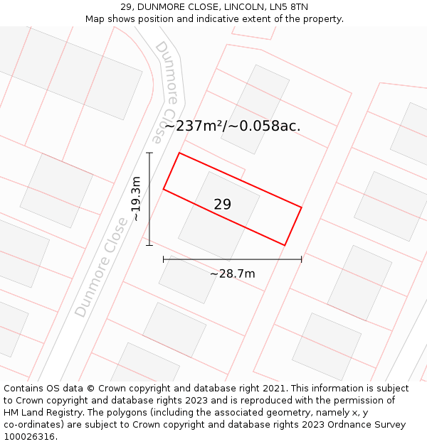 29, DUNMORE CLOSE, LINCOLN, LN5 8TN: Plot and title map