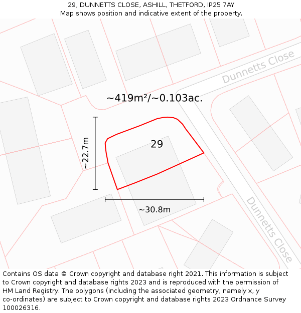 29, DUNNETTS CLOSE, ASHILL, THETFORD, IP25 7AY: Plot and title map