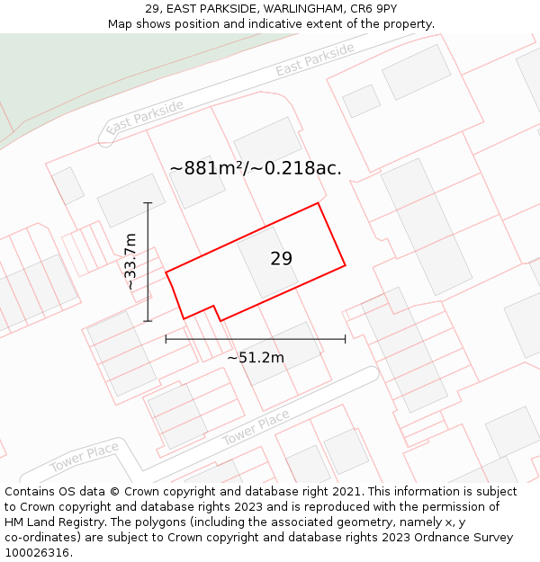 29, EAST PARKSIDE, WARLINGHAM, CR6 9PY: Plot and title map