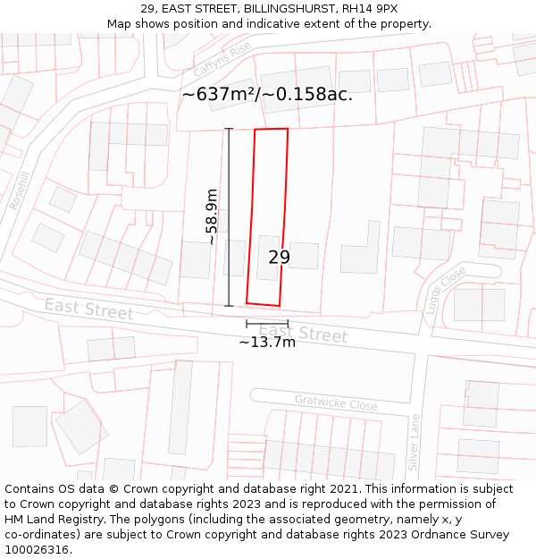 29, EAST STREET, BILLINGSHURST, RH14 9PX: Plot and title map