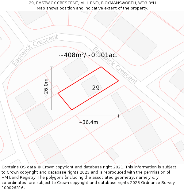 29, EASTWICK CRESCENT, MILL END, RICKMANSWORTH, WD3 8YH: Plot and title map